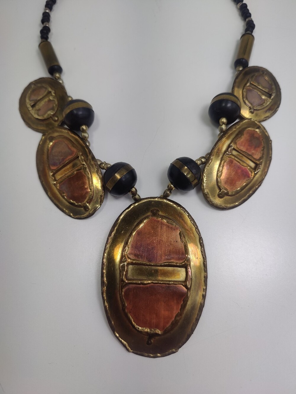 Vintage Modernist Brutalist Brass & Copper Handwrought Statement Necklace
